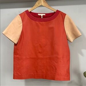 Maje Dark Orange and Tan Leather Short Sleeve Top, Size S